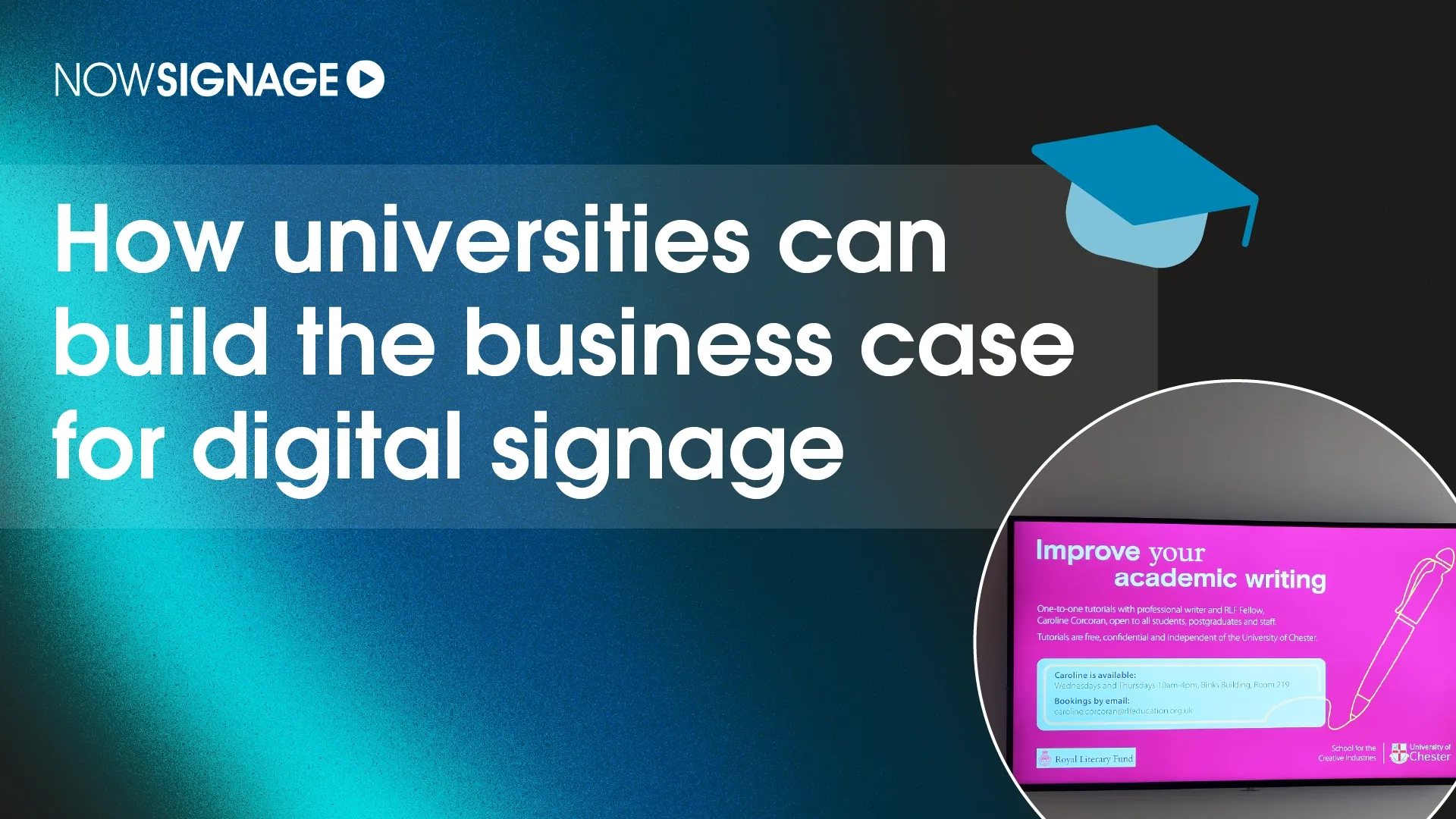 University campus digital signage screen displaying open day session and wayfinding information
